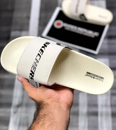 Luxurious Skechers Hyperburst Recovery Logo Cream Slide For Men (SIG736)